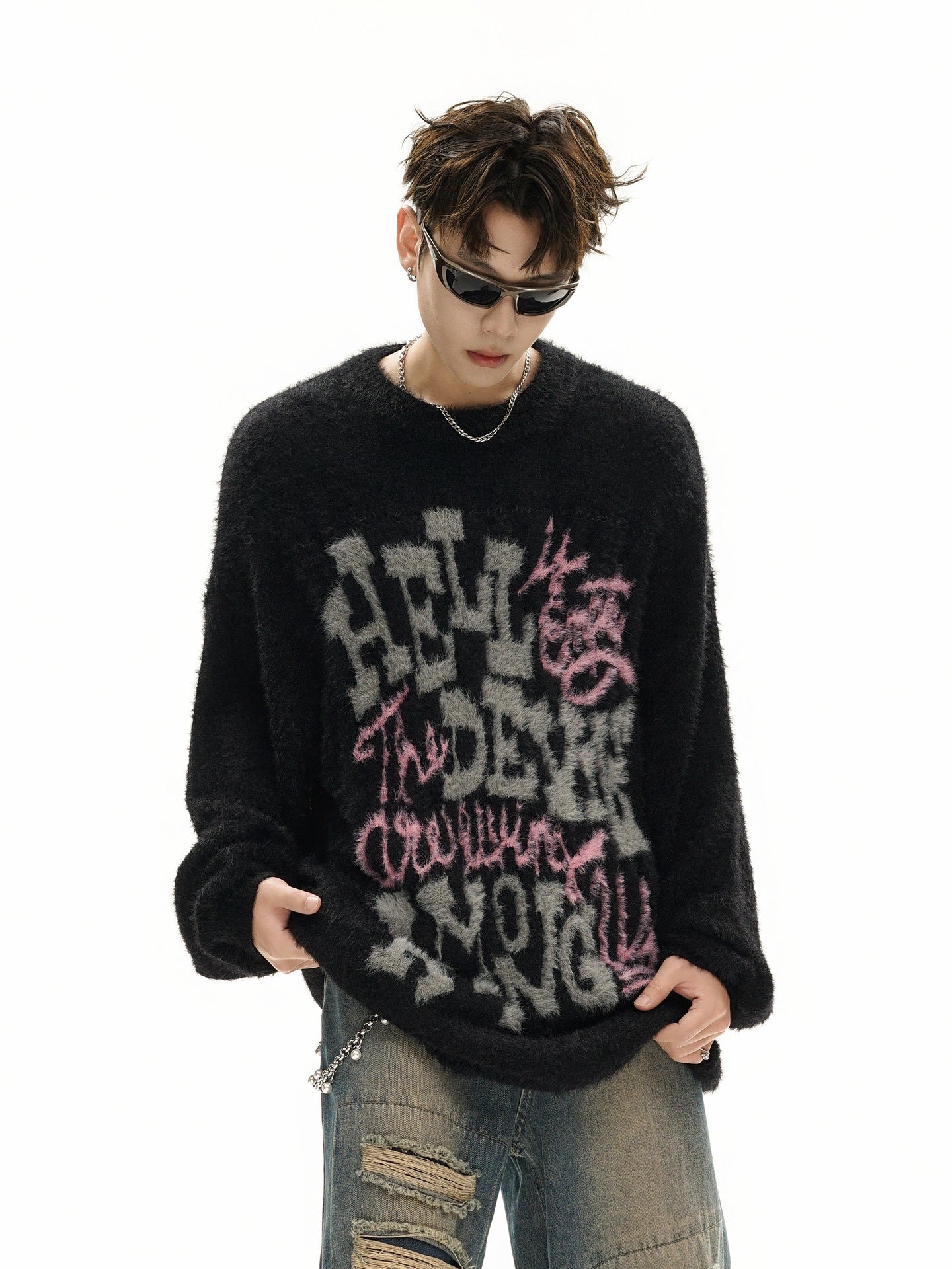 Pull oversize en maille jacquard à lettrage – Hell Is Empty, motif graffiti