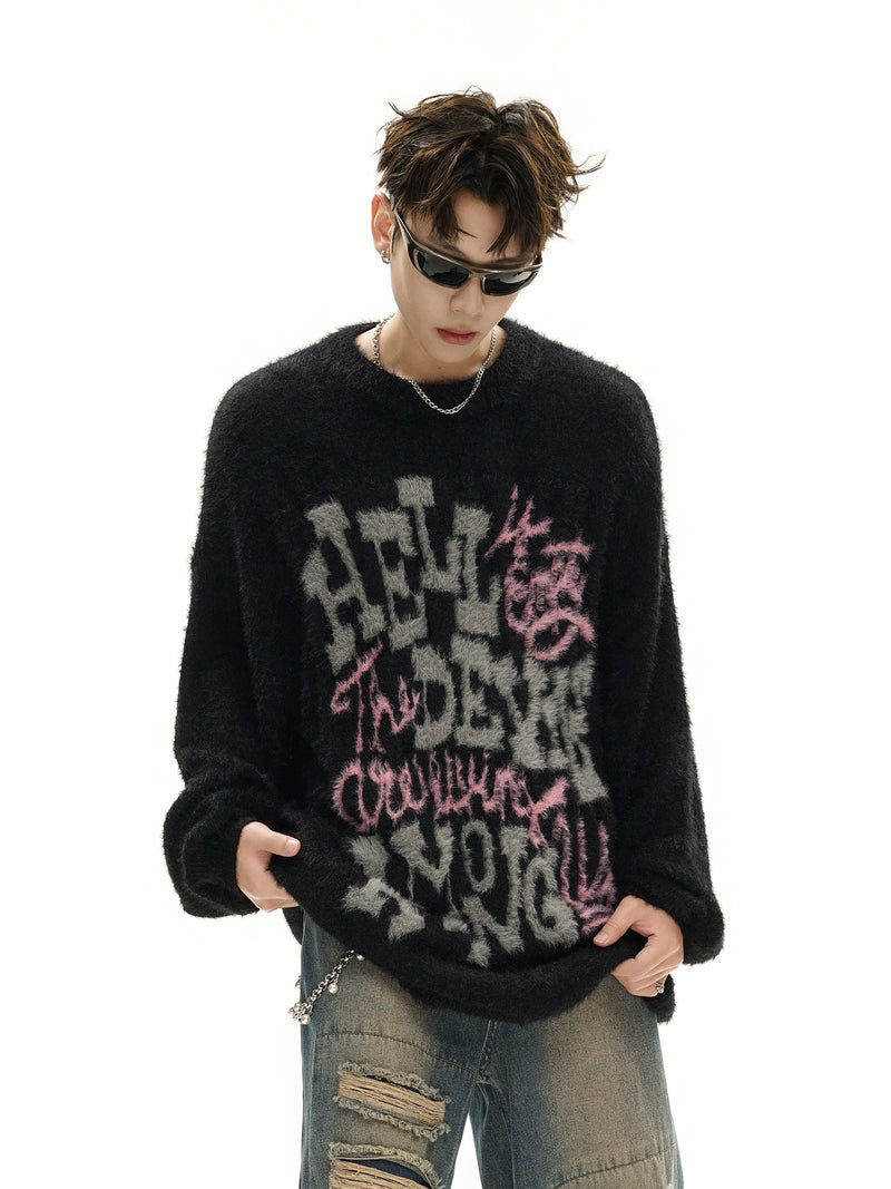 Pull oversize en maille jacquard à lettrage – Hell Is Empty, motif graffiti