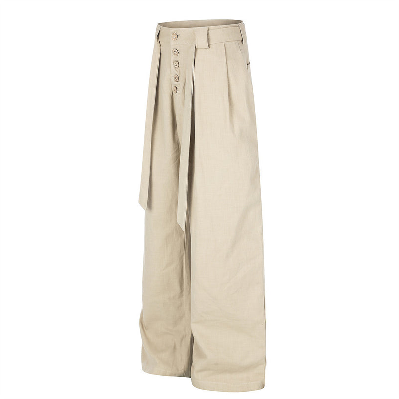 Wide-Leg Pleated Trousers with Button Fly and Belt Ties