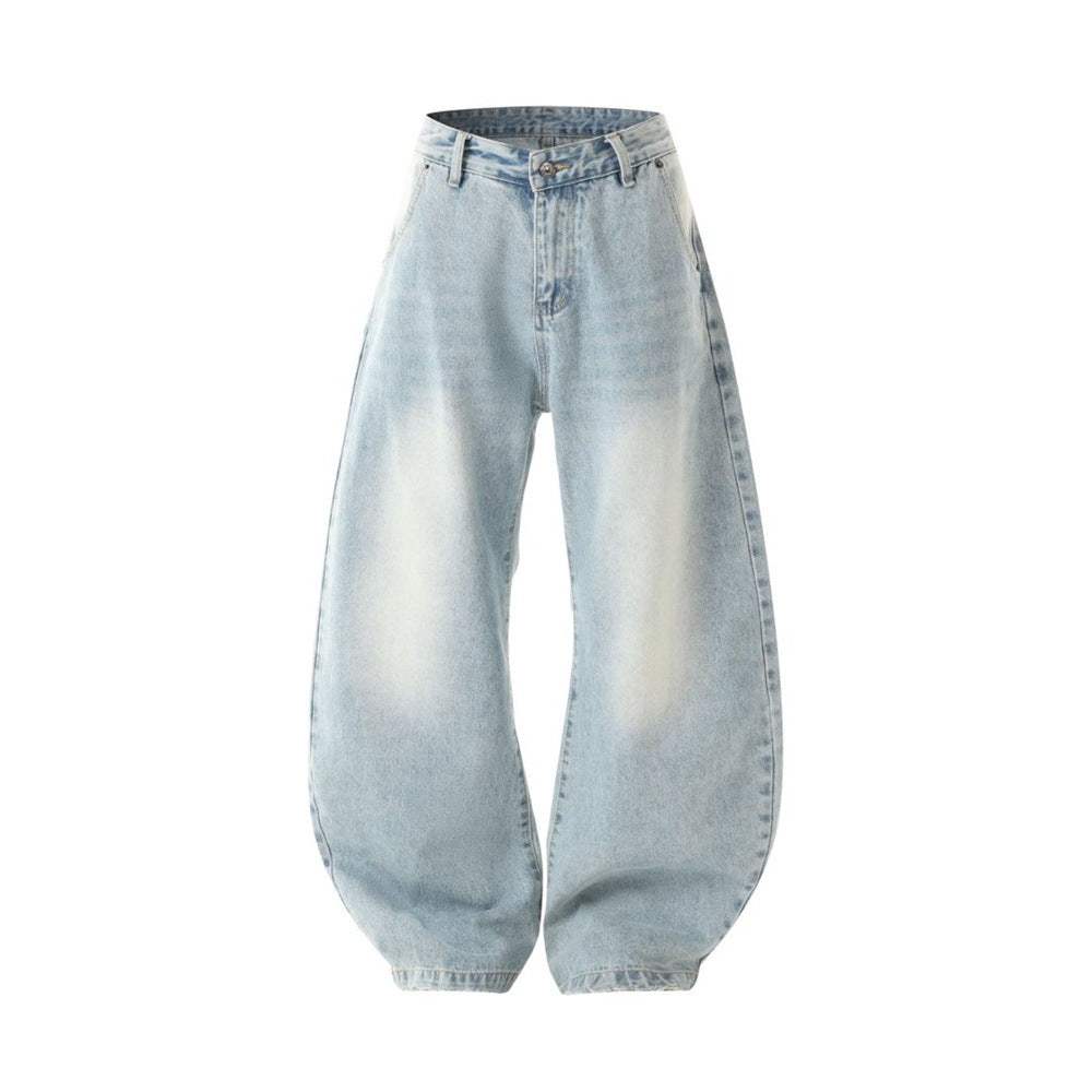 Wide-Leg Baggy Jeans – Men's Vintage Washed Light Blue Curved Hem Denim