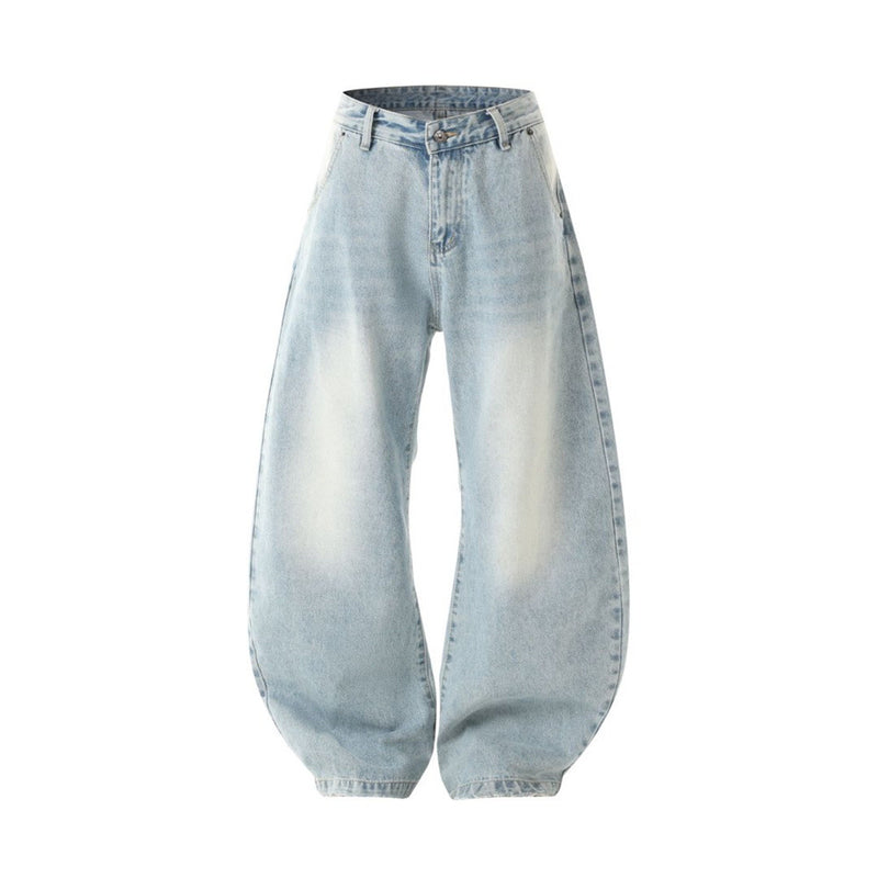 Wide-Leg Baggy Jeans – Men's Vintage Washed Light Blue Curved Hem Denim