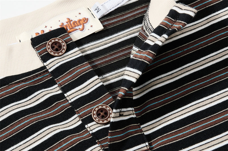 Close-up of collar label and button placket on black striped Henley shirt