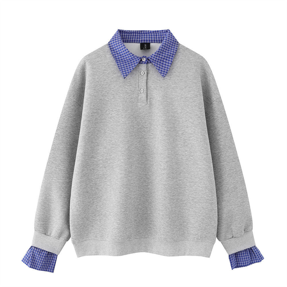 Plaid Collar Faux-Layered Polo Sweatshirt – Relaxed Fit Long Sleeve Top