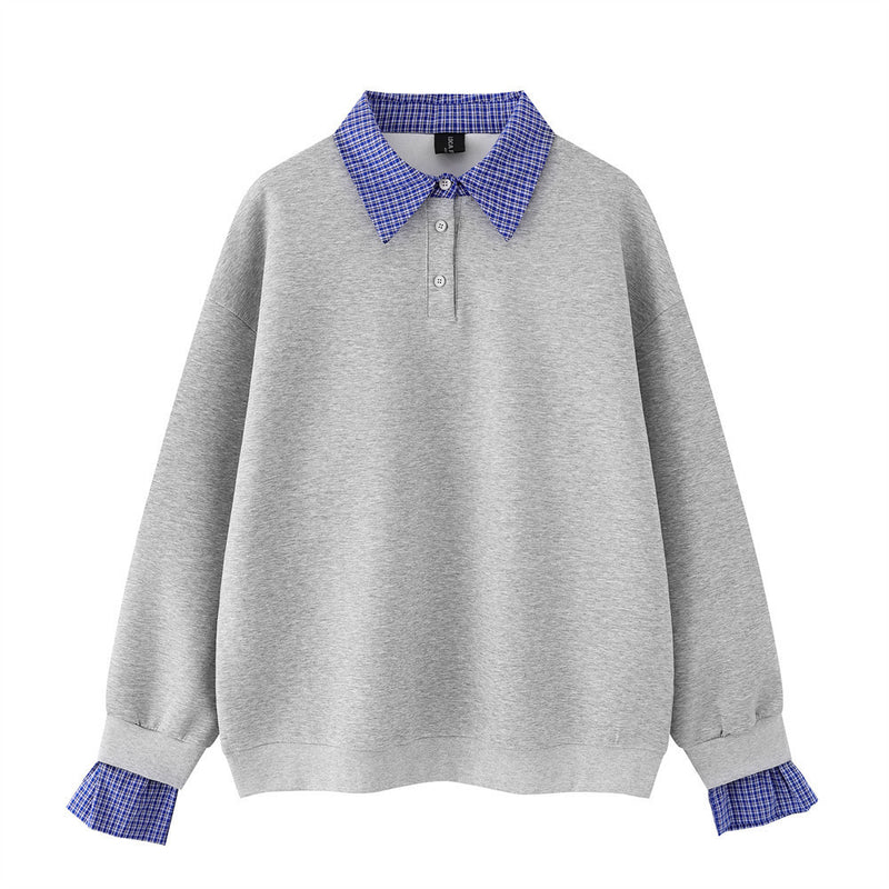 Plaid Collar Faux-Layered Polo Sweatshirt – Relaxed Fit Long Sleeve Top