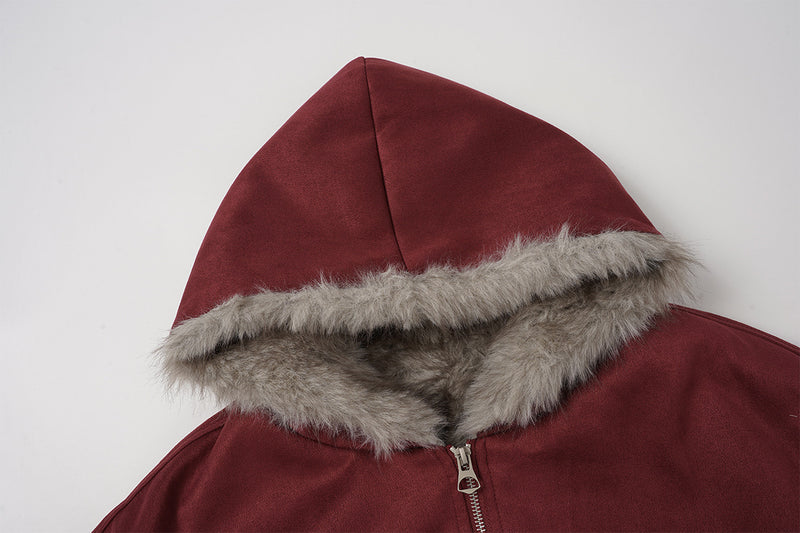 Bomber en suédine avec capuche en fausse fourrure – Manteau d’hiver oversize
