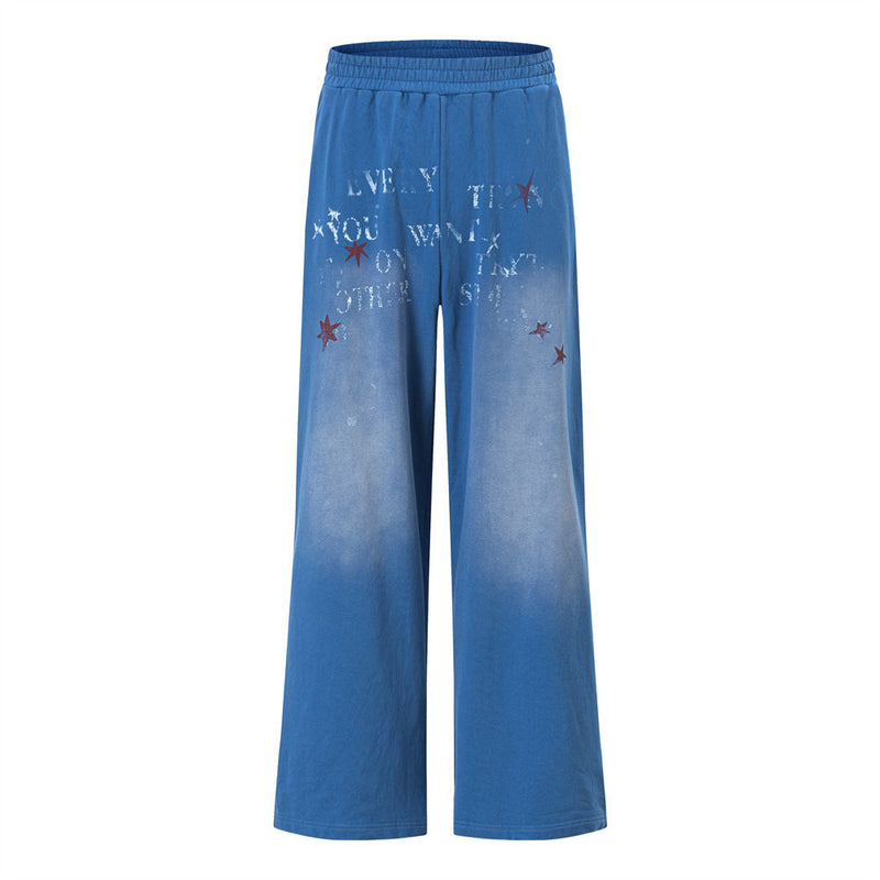 Men's Wide-Leg Sweatpants with Star & Letter Graphic Print, Acid-Wash Streetwear
