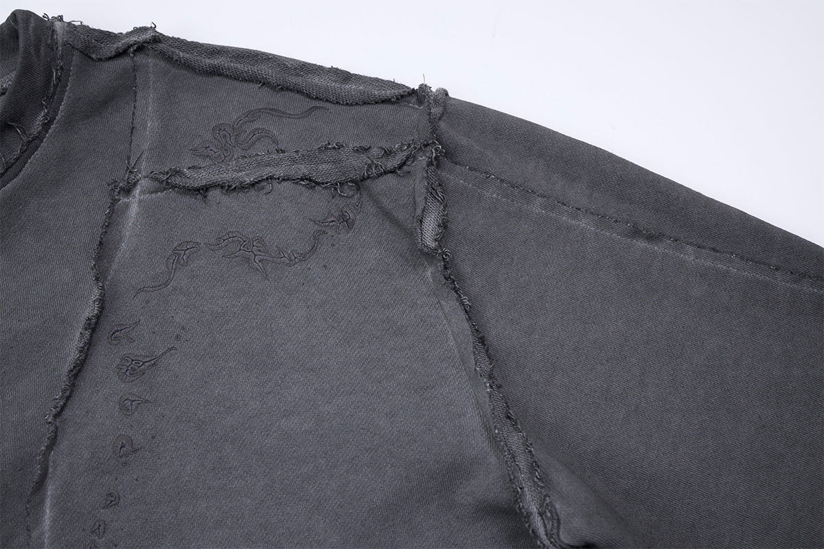 Long Sleeve Acid Wash Shirt with Celestial Print & Raw-Edge Seam Detail