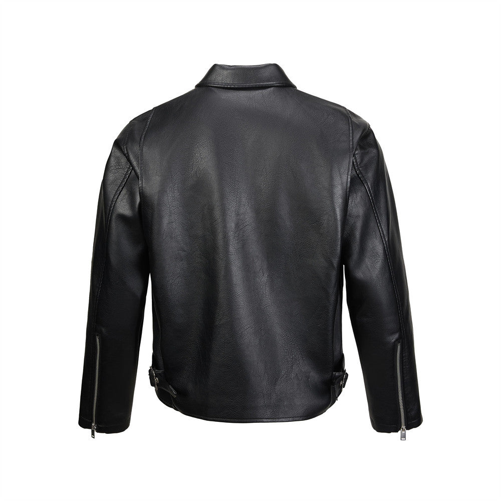 Men's Black PU Leather Biker Jacket – Short Moto Style with Red Zip