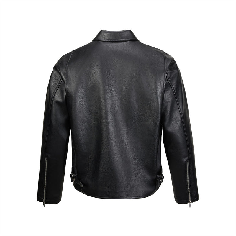 Men's Black PU Leather Biker Jacket – Short Moto Style with Red Zip