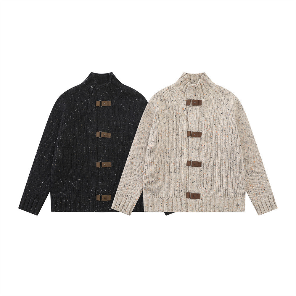 Cardigan en maille à col montant – Pull homme coupe décontractée avec fermeture à boucles en cuir
