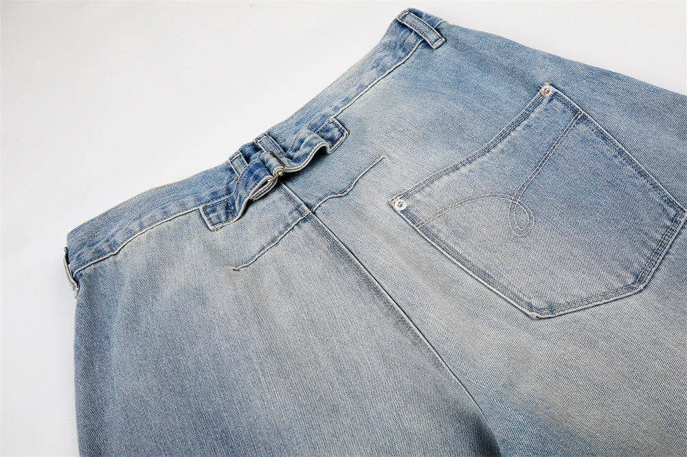 Barrel Leg Jeans Vintage Washed Wide-Leg Denim Pants with Pocket Detail