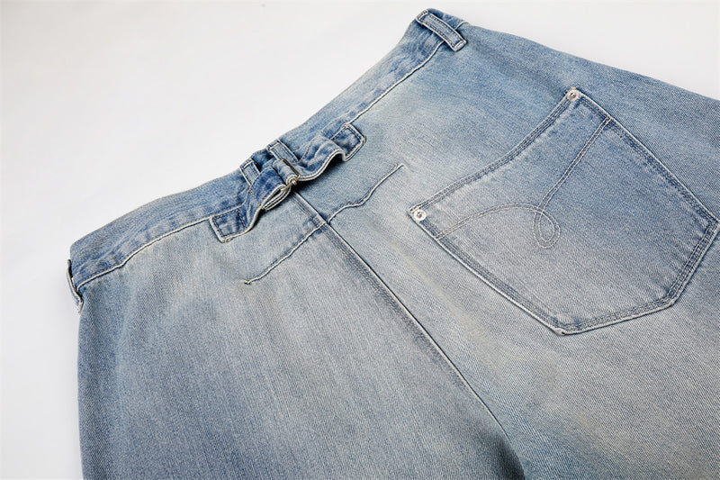 Barrel Leg Jeans Vintage Washed Wide-Leg Denim Pants with Pocket Detail