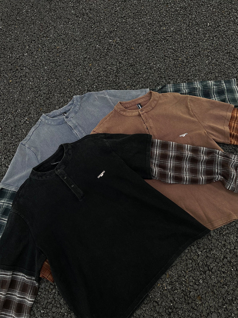 T-shirt Henley manches longues à effet superposé, à carreaux et délavé – Chemise streetwear oversize