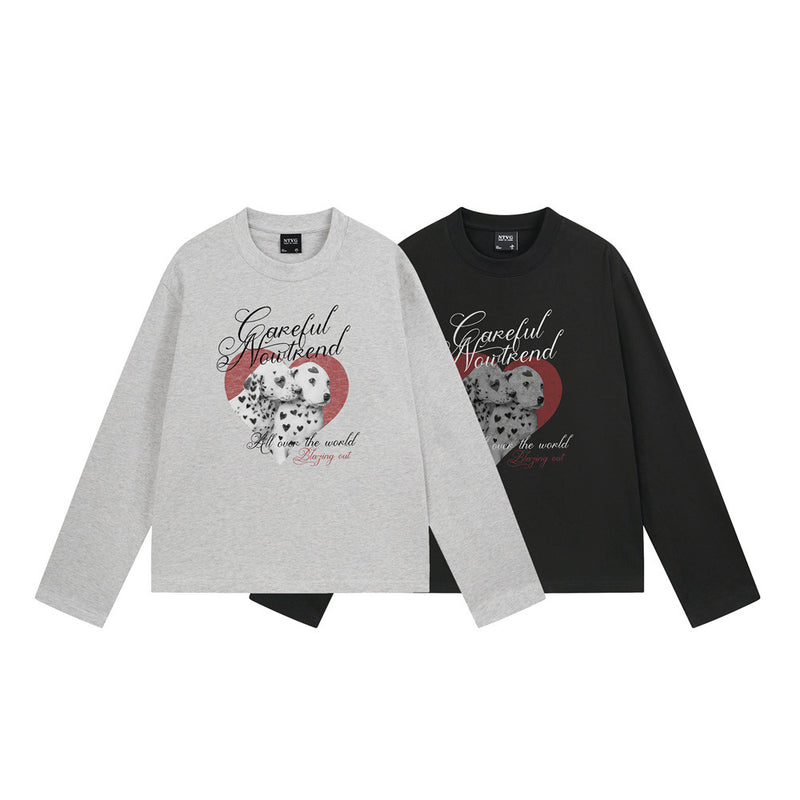 Oversized long sleeve graphic tee with Dalmatian puppy heart print in black and light heather grey