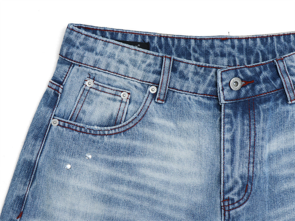Men's Distressed Flare Jeans – Light Blue Washed Denim with Plaid Patch Detail
