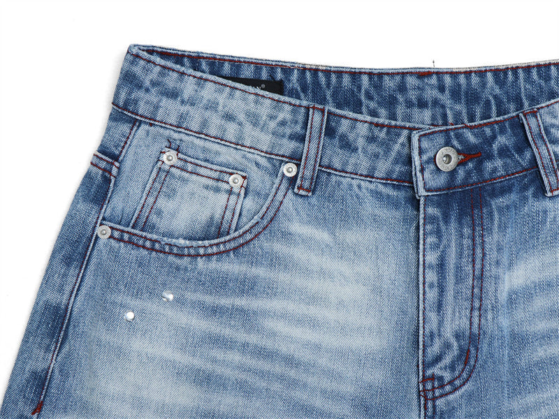 Men's Distressed Flare Jeans – Light Blue Washed Denim with Plaid Patch Detail
