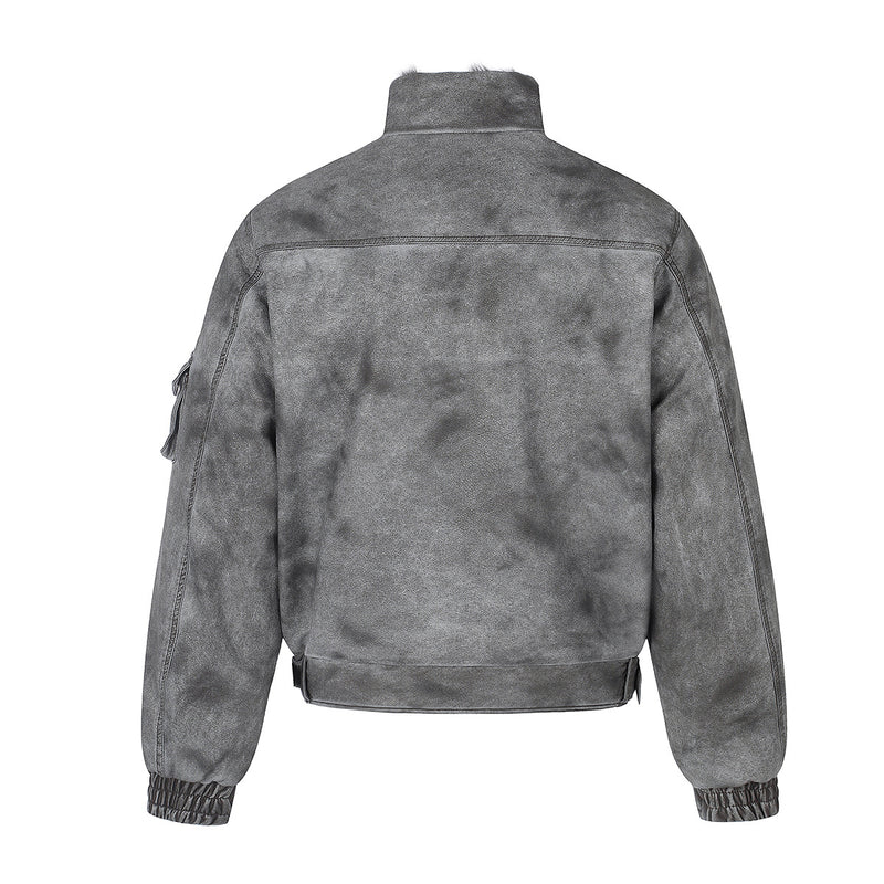 Vintage Washed Bomber Jacket with Faux Fur Collar — Oversized Padded Flight