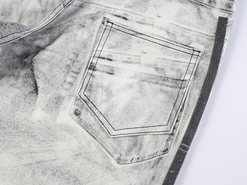 Jean wide leg effet usé – Blanc délavé imprimé 3D, coupe baggy déchirée