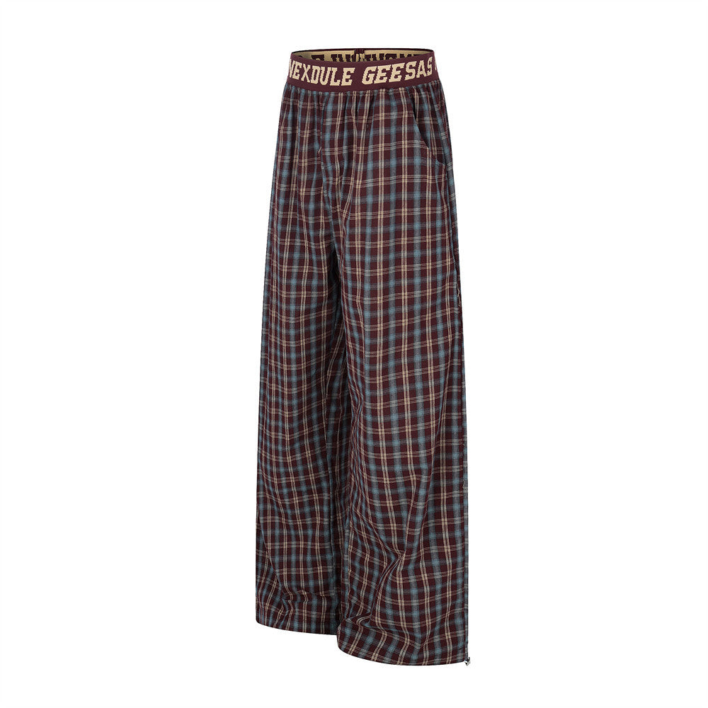 American Streetwear Plaid Wide-Leg Pants – Elastic Waistband Relaxed Fit
