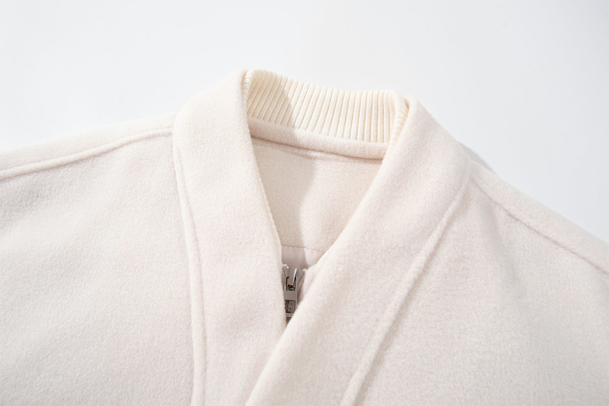 Wool Blend Bomber Jacket – Double-Layer Collar, Zip-Up Men's Coat