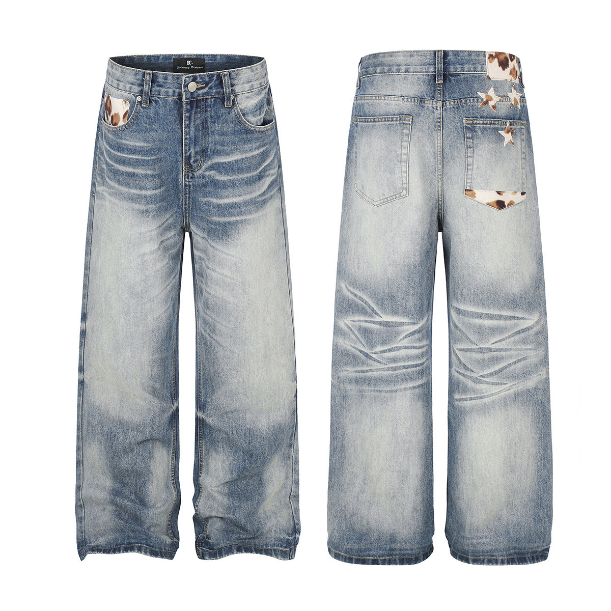Jean baggy taille mi-haute – Denim délavé à jambes larges avec patchwork étoilé effet vache