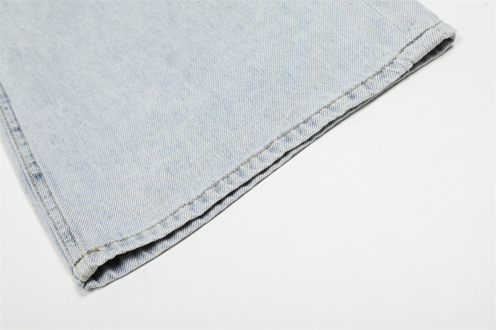 Wide-Leg Distressed Jeans – Light Blue Acid-Washed Straight-Cut Denim with
