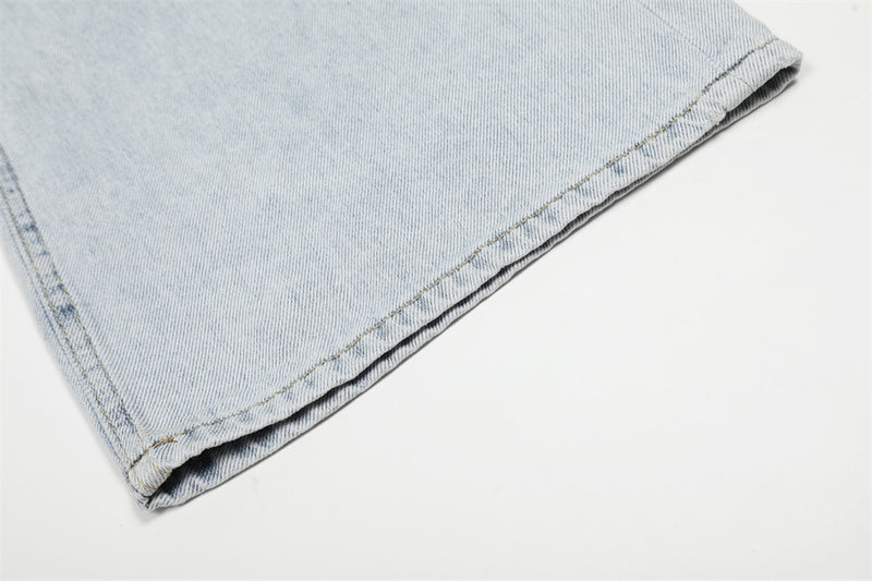 Wide-Leg Distressed Jeans – Light Blue Acid-Washed Straight-Cut Denim with