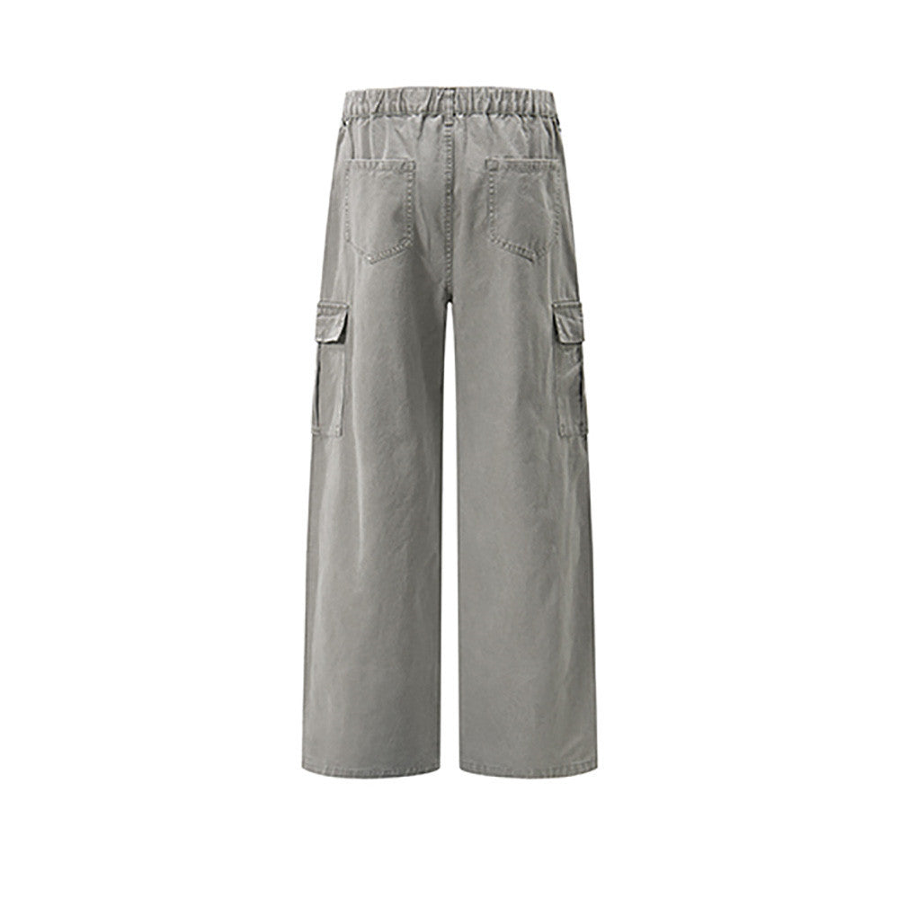 Men's baggy wide-leg cargo pants with multi flap pockets in light grey, front view