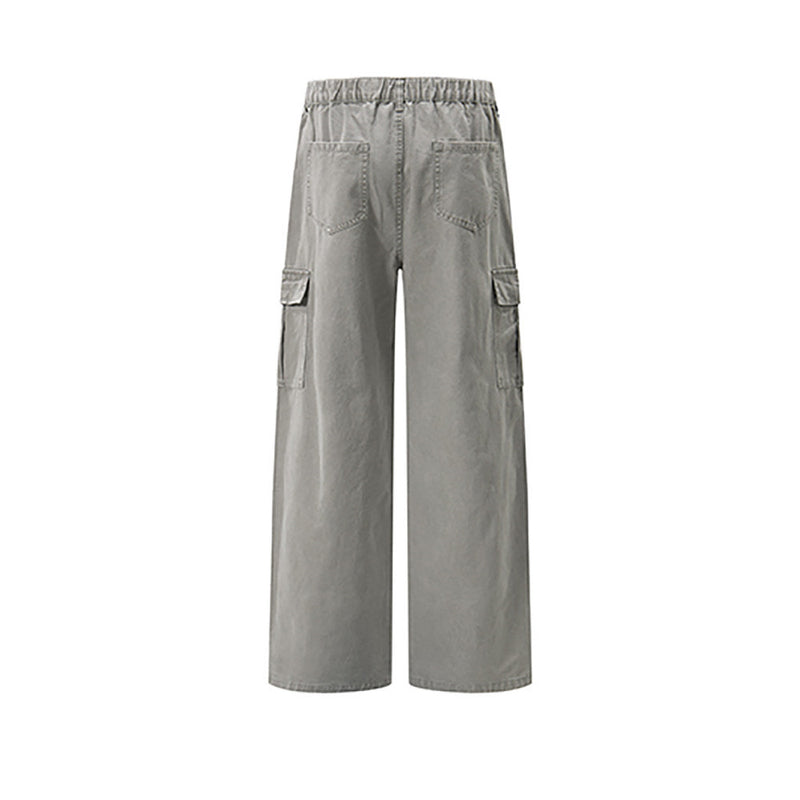Men's baggy wide-leg cargo pants with multi flap pockets in light grey, front view