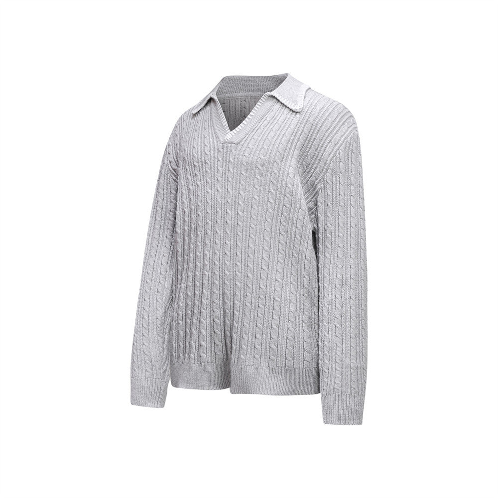 Oversized V-Neck Sweater – Cable Knit Polo Collar Long Sleeve Pullover