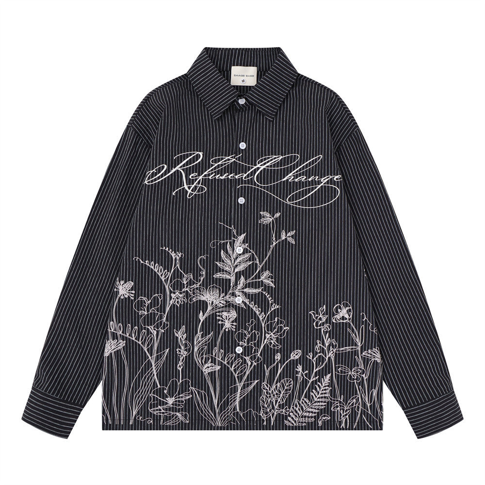 Men's relaxed-fit pinstripe long sleeve shirt with botanical floral line-art print and cursive script graphic in black colorw
