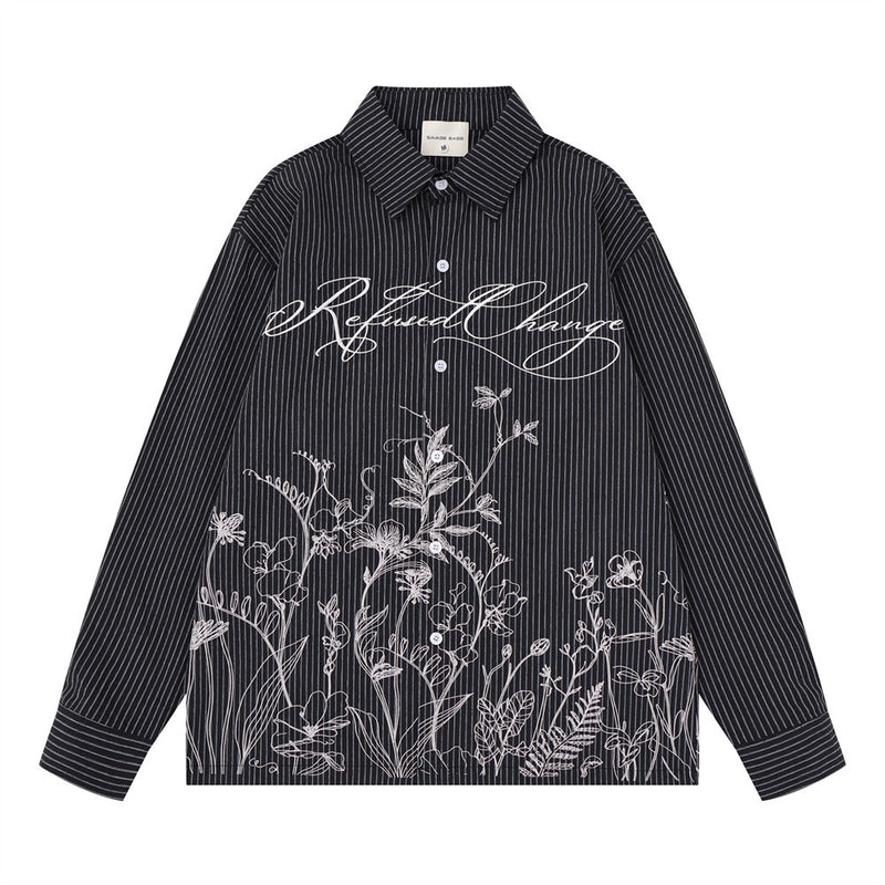 Men's relaxed-fit pinstripe long sleeve shirt with botanical floral line-art print and cursive script graphic in black colorw