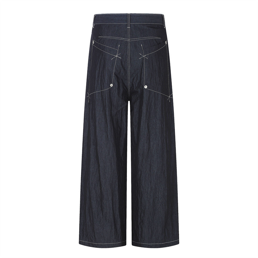 Wide-Leg Denim Pants with Contrast Stitching and Star Tack Details
