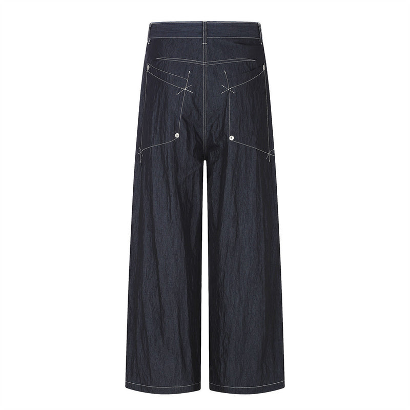 Wide-Leg Denim Pants with Contrast Stitching and Star Tack Details