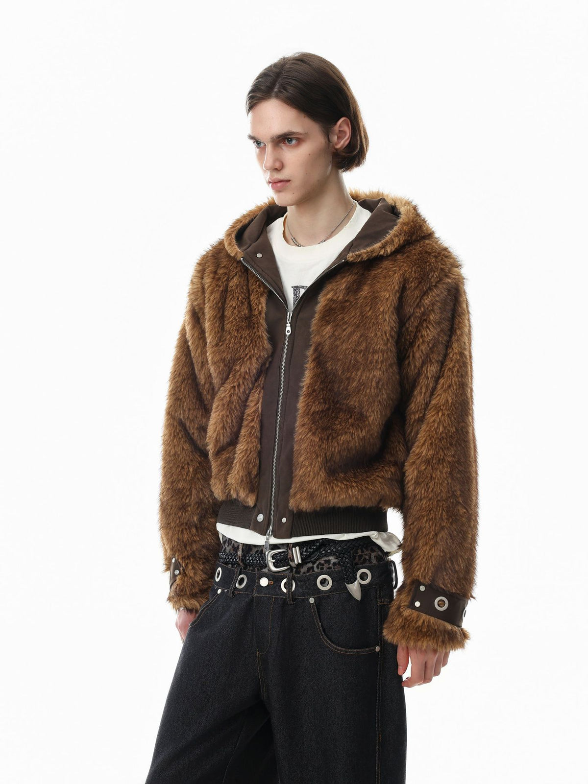 Faux Fur Hooded Bomber Jacket – Brown Oversized Winter Coat with Grommet Cuffs
