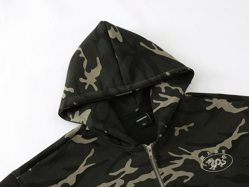 Zip-Hoodie mit Drachenemblem – Oversized Streetwear in Camo & Schwarz