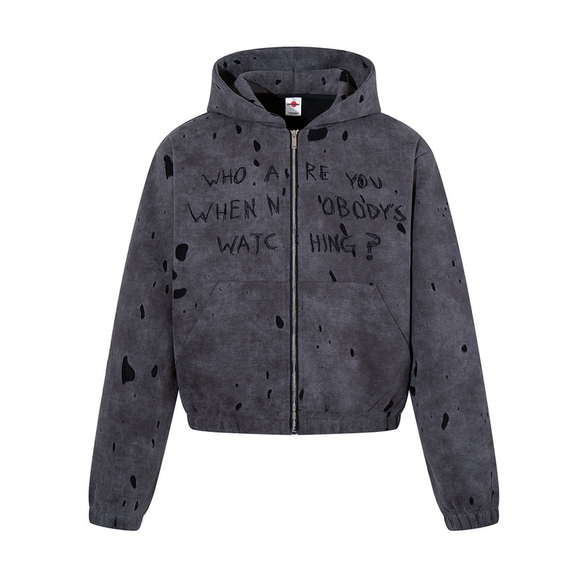 Gray Zip Up Hoodie – Washed Distressed Graffiti Graphic Zip-Front Streetwear