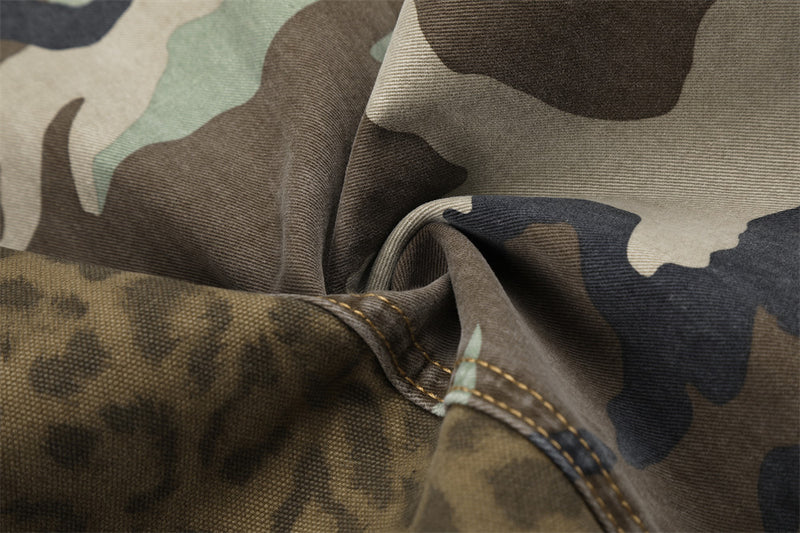 Camo & Leopard Patchwork Wide-Leg Cargo Pants