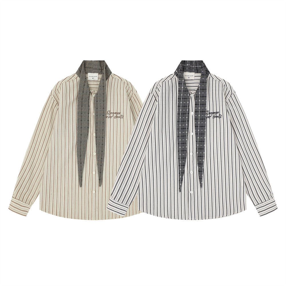 Striped Button-Up Shirt with Contrast Scarf Collar, Oversized Long Sleeve