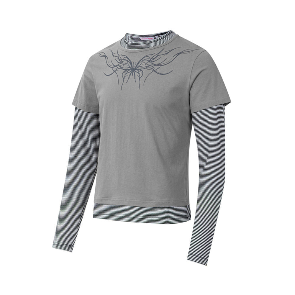 T-shirt graphique gris pour homme – Manches rayées superposées, imprimé tribal et manches longues