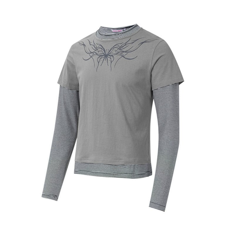T-shirt graphique gris pour homme – Manches rayées superposées, imprimé tribal et manches longues