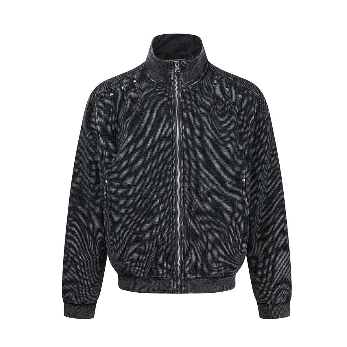 Blouson bomber en maille gaufrée délavée à l’acide, clous pyramidaux argentés et col montant, noir anthracite, vue de face et de dos