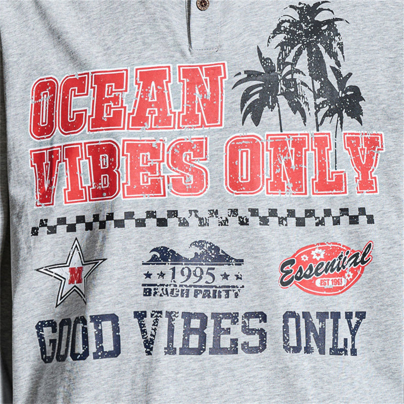 Men's Long Sleeve Rugby Shirt – Ocean Vibes Graphic Polo with Stripe Sleeves