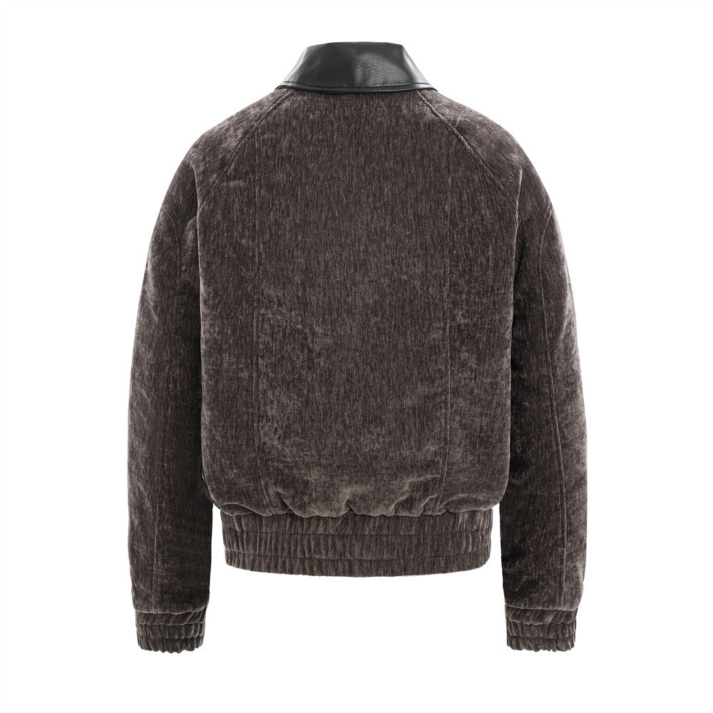 Blouson bomber homme en velours, col en similicuir et grandes poches