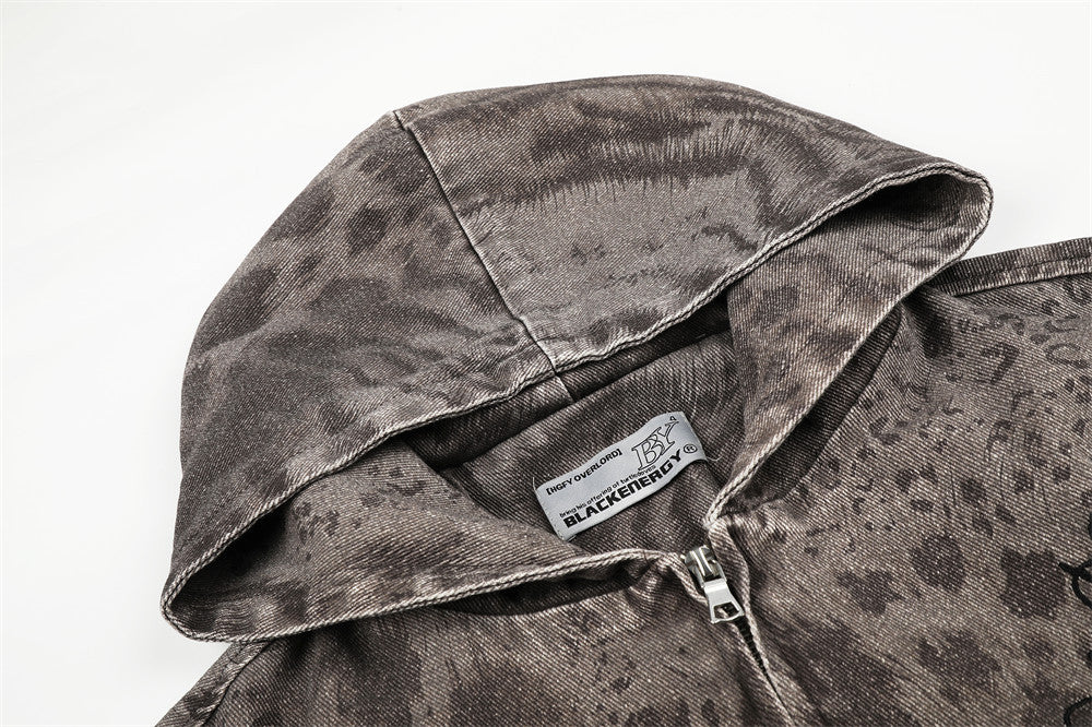 Leopard Tie-Dye Washed Denim Hooded Jacket – Oversized Punk Vintage Zip-Up