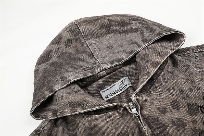 Leopard Tie-Dye Washed Denim Hooded Jacket – Oversized Punk Vintage Zip-Up