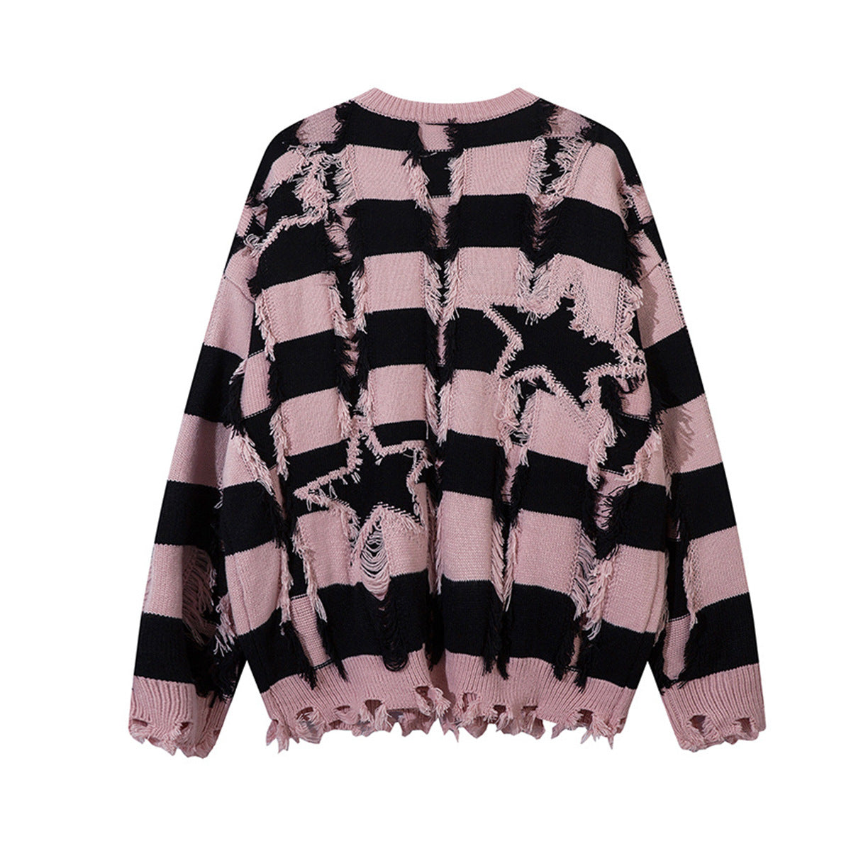 Pull oversize en maille rayée à étoiles délavée – Col rond à franges