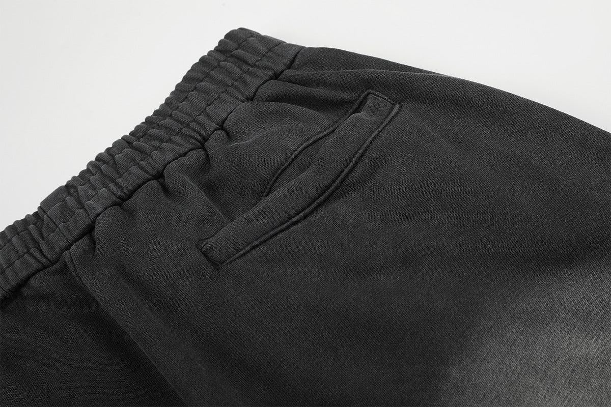 Pantalon de survêtement wide leg – Baggy streetwear américain noir délavé et brodé