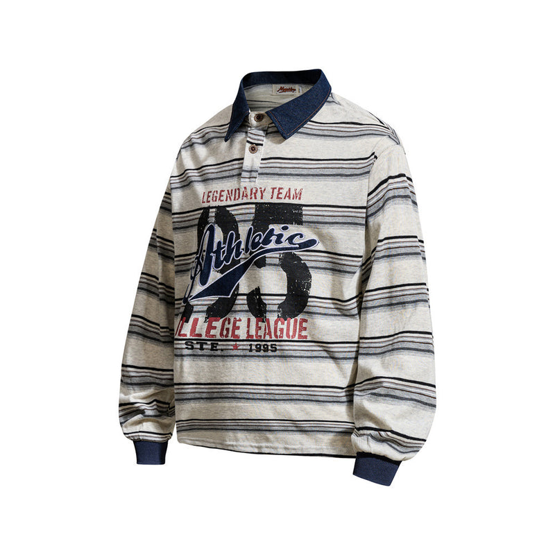 Striped Rugby Polo Shirt – Vintage American College Graphic Long Sleeve