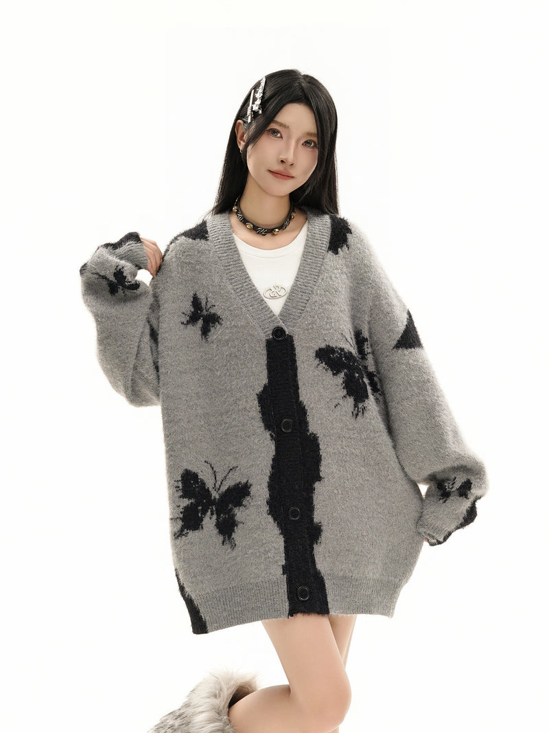 Gilet cardigan en maille jacquard papillon – Col V oversize, maille couple